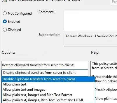 Custom RDP clipboard restrictions via GPO