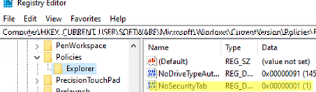 delete Nosecuritytab item from registry