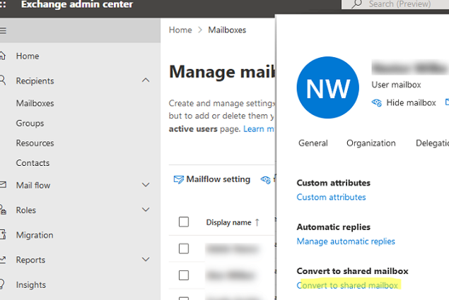 Exchange Admin Center (Microsoft 365) - Convert shared mailbox