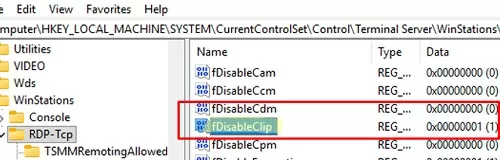 fDisableClip: disable rdp clipboard redirecting via registry
