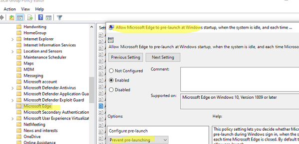 GPO: Allow Microsoft Edge to be pre-launched on Windows startup