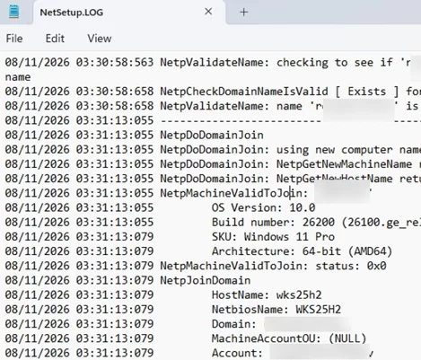 netsetup.log contains domain join logs