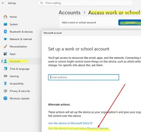 Windows Settings app -> Join this device to a local Active Directory domain