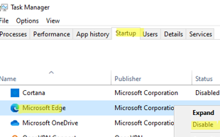 Prevent Microsoft Edge browser from starting automatically on startup