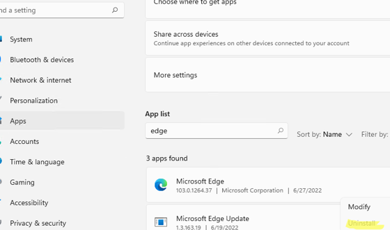 Uninstall Microsoft Edge on Windows via Apps and Features in Settings 