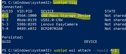 Attach shared USB device to WSL over IP network