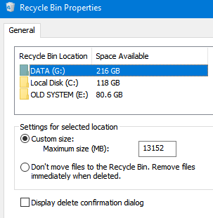 configure recycle bin options 