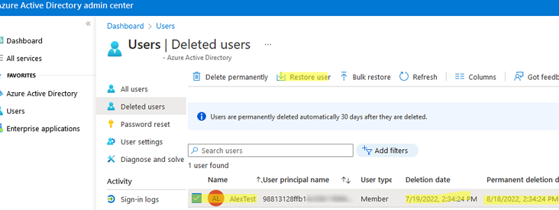 Restore deleted users in Azure AD portal