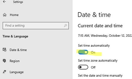 Set time automatically on Windows