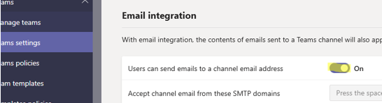 Team channel: Users can send email to the channel's email address 