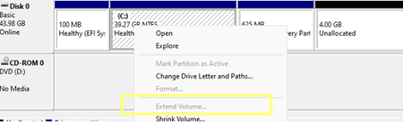 Extend volume greyed out in Windows Disk Management