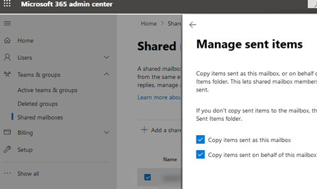 microsoft 365: enable copy sent items for shared mailbox 