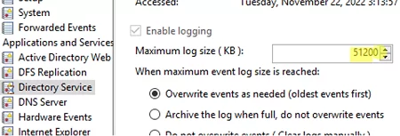 Check event viewer new size in Windows
