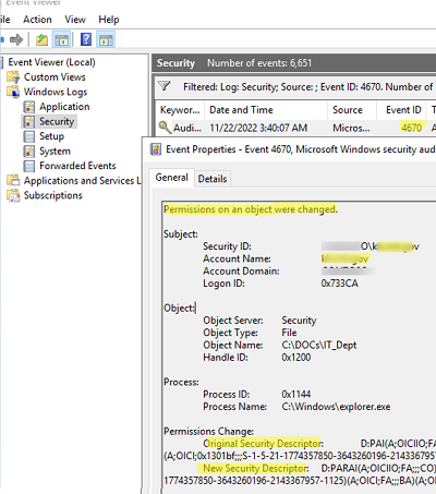 EventID 4670 - GET user changing folder NTFS permissions