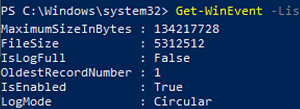 Get-WinEvent - see MaximumSizeInBytes and FileSize
