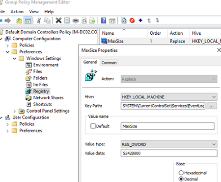 Increase Event Viewer Log Size via Group Policy Preferences