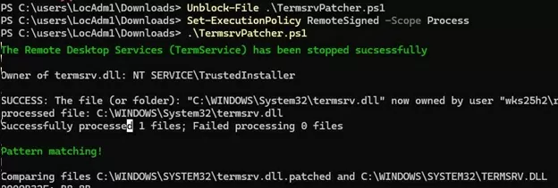 TermsrvPatcher.ps1 script to automatically patch termsrv.dll ti support multiple RDP