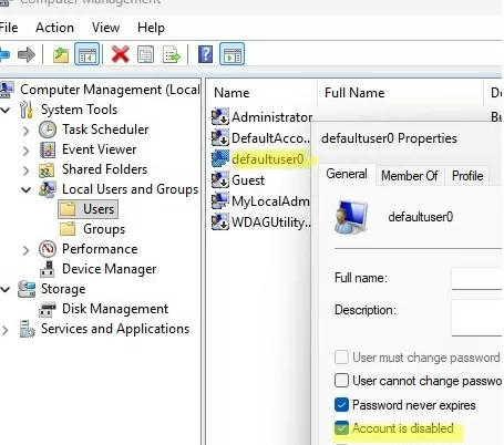 disable defaultuser0
