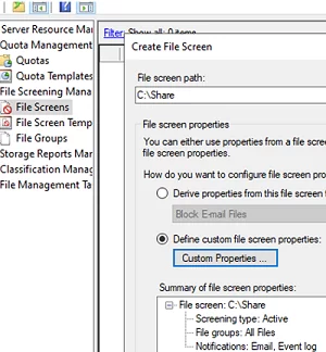 fsrm create files screen rule and exception