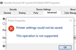 Printer settings could not be saved. This operation is not supported 