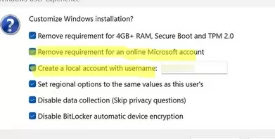 rufus: remove online ms account requirement and create a local user