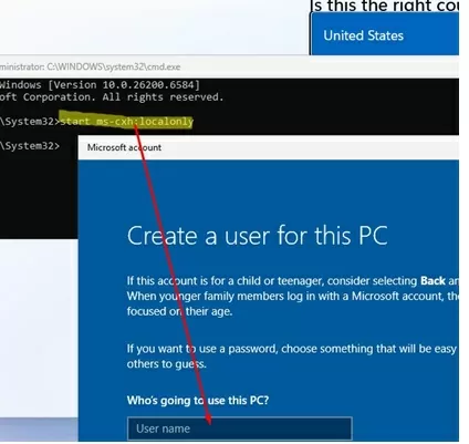 start ms cxh localonly on OOBE to create a local user