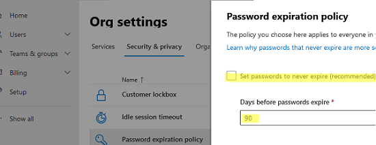 Enable password expiration in Azure AD