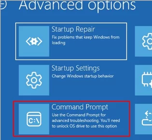 Open the command promt in windows recovery environment
