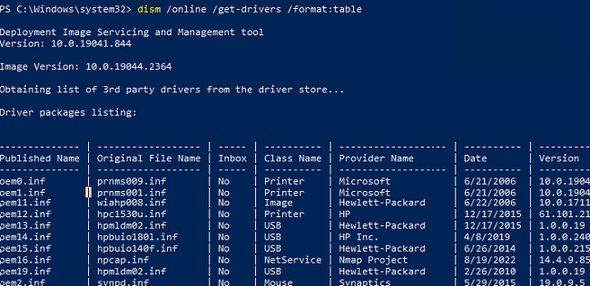 cmd: list installed driver in drivestoreon Windows with DISM
