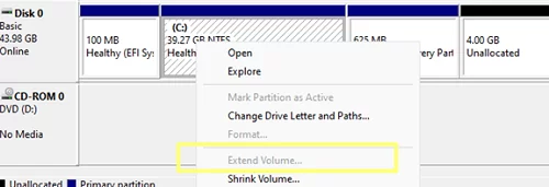 Extend Volume option is grayed out in Windows 