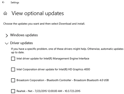 View driver updates in Windows optional updates