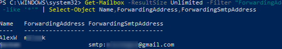 List Exchange mailboxes with a forward enabled
