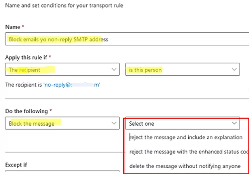 Block messages to no-reply mailbox with mailflow transport rule in Exchnage