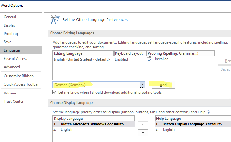 Add editing language in Office