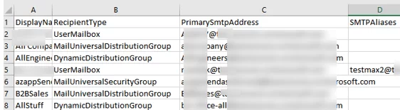 Export list of all Primary SMTP addresses and aliases to CSV file with PowerShell