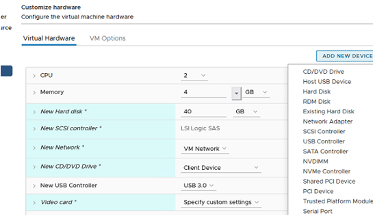 Configure VMware VM virtual hardware settings