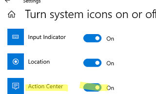 Enable Action Center icon