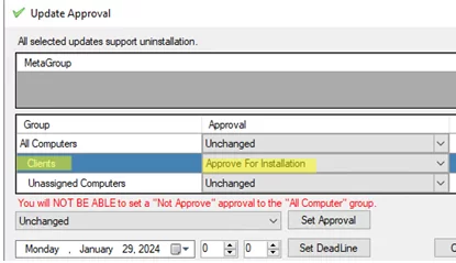 Approve software update fir install via WSUS
