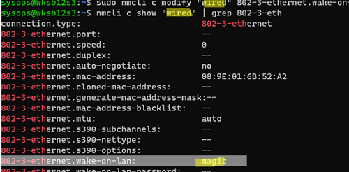 NetworkManager: enable wake-on-lan magic using nmcli