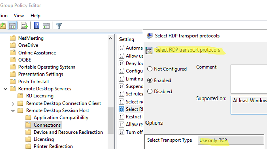 GPO: force RDP to use TCP only