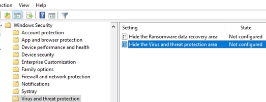 GPO: Hide the Virus and threat protection area in Windows Security