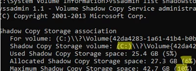 list size of shadow copies: vssadmin list shadowstorage 