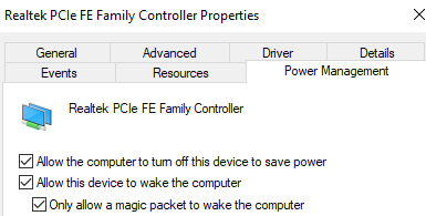 Network adapter: Allow the device to wake the computer