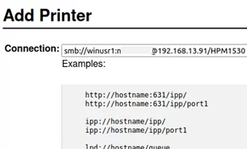 CUPS: shared network printer connection string with Windows user credentials