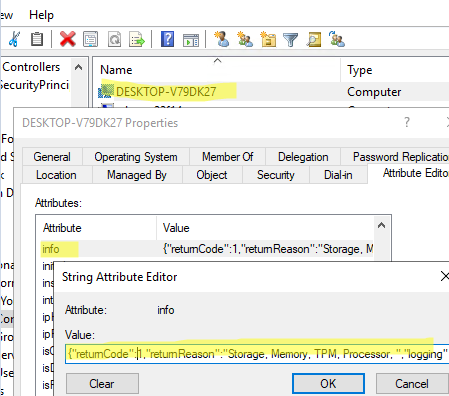 Windows 11 compatibility check results in computer properties in AD