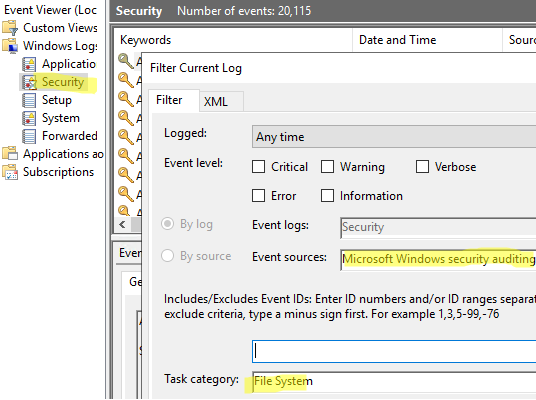 Filter object access audit logs in Event Viewer