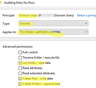 Select the file system event you want to audit in the shared folder