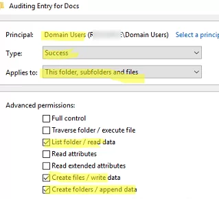 Select the file system event you want to audit in the shared folder