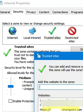 Add SharePoint Online URL to trusted zone