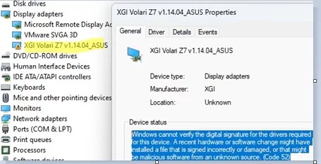 Code 52 - CM_PROB_UNSIGNED_DRIVER - a driver is not digitally signed
